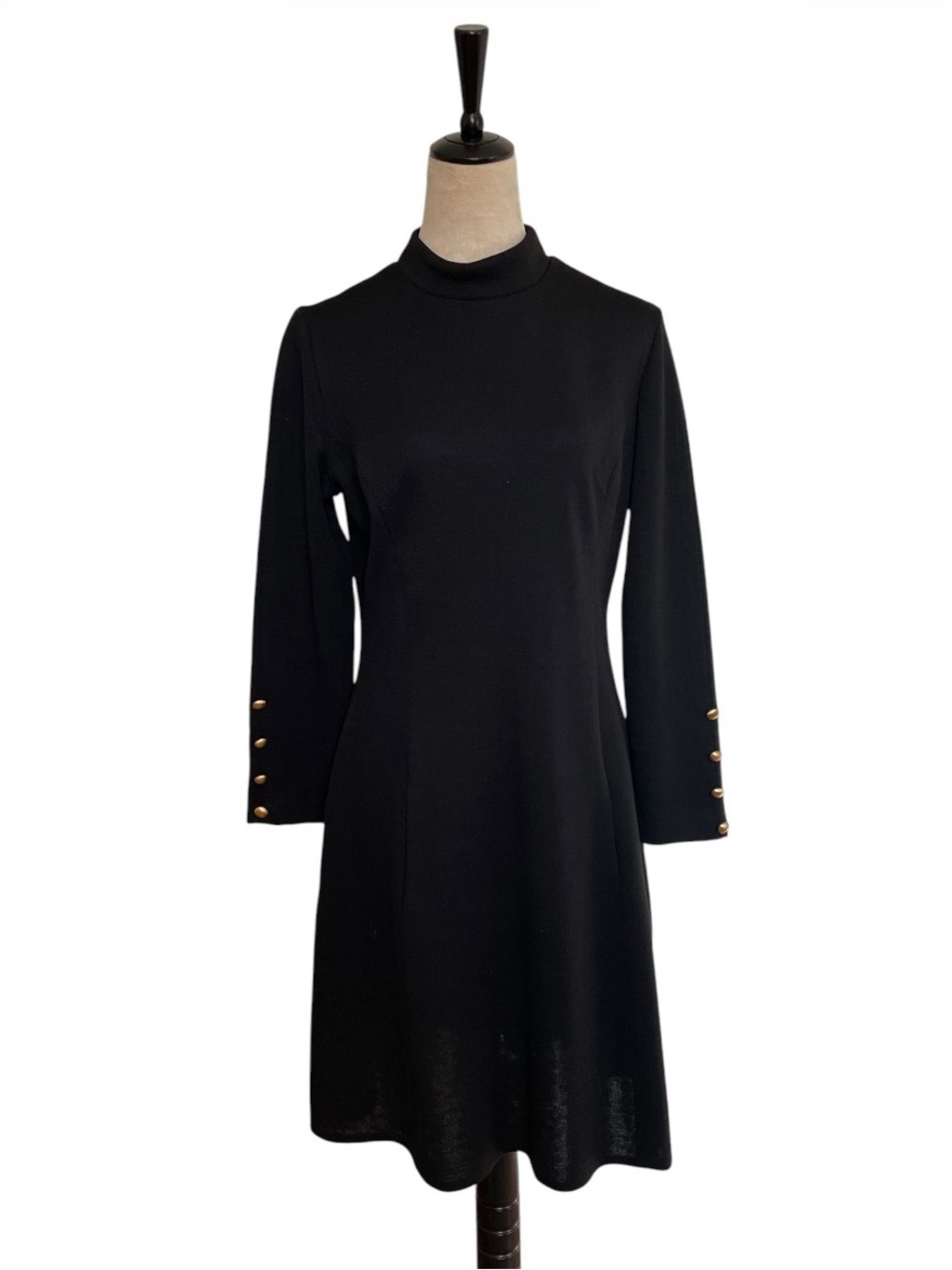 Vintage 60s 70s Kay Windsor Mod Mock Neck Dress Black Knit A-Line Gold Buttons